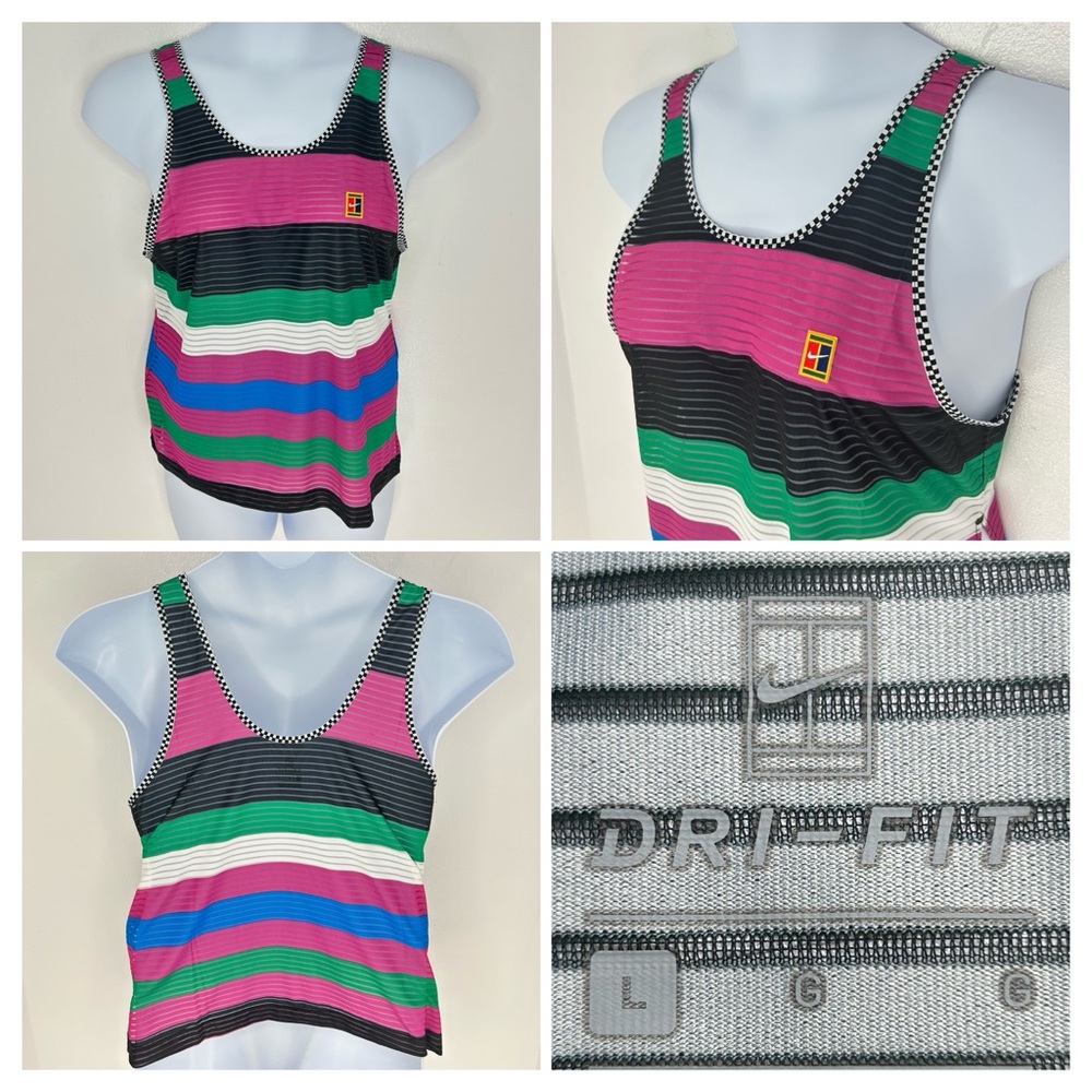 Nike Court Tennis Dri-Fit Tank‎ Top Size Large Stripes Sheer Athleisure Running